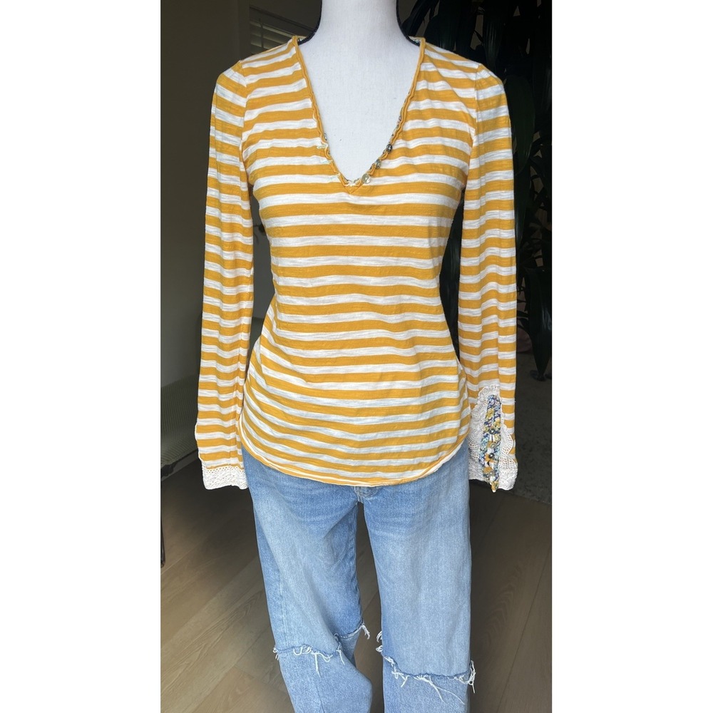 Anthropologie Little Yellow Button Striped Henley Long Sleeve Small Women